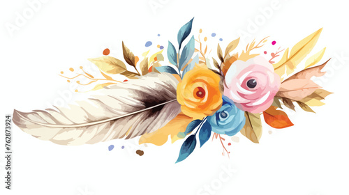 Watercolor flower and feather on white flat vector