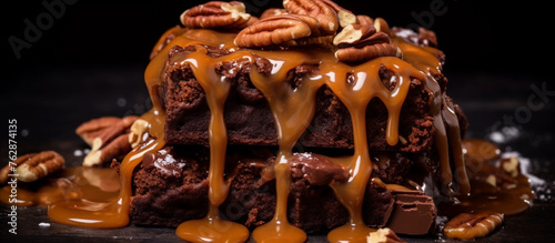 chocolate desserts with drizzled chocolate on top. chocolate brownies with pecans and nuts