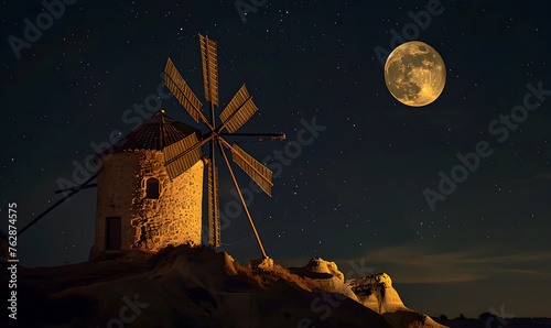 Windmill and Moon Second Exposure of New Energy. photo