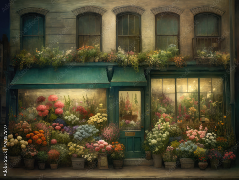 Flower shop window in old town of New York City, USA. Facade of the flower store. Bouquets of flowers in a shop window. Vintage style. Watercolor Illustration