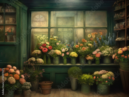 Flower Shop Interior. Flowers Store in Retro style. Cute Illustration in Vintage Style © maxa0109