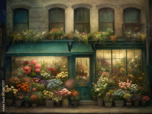 Flower shop window in old town of New York City  USA. Facade of the flower store. Bouquets of flowers in a shop window. Vintage style. Watercolor Illustration