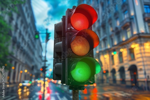 traffic lights green red with city street view