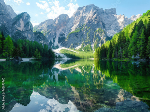 A stunning view of the majestic Dolomites, reflecting in crystal clear waters at Lake candy green. The lush pine forests surrounding it add to its beauty and serenity