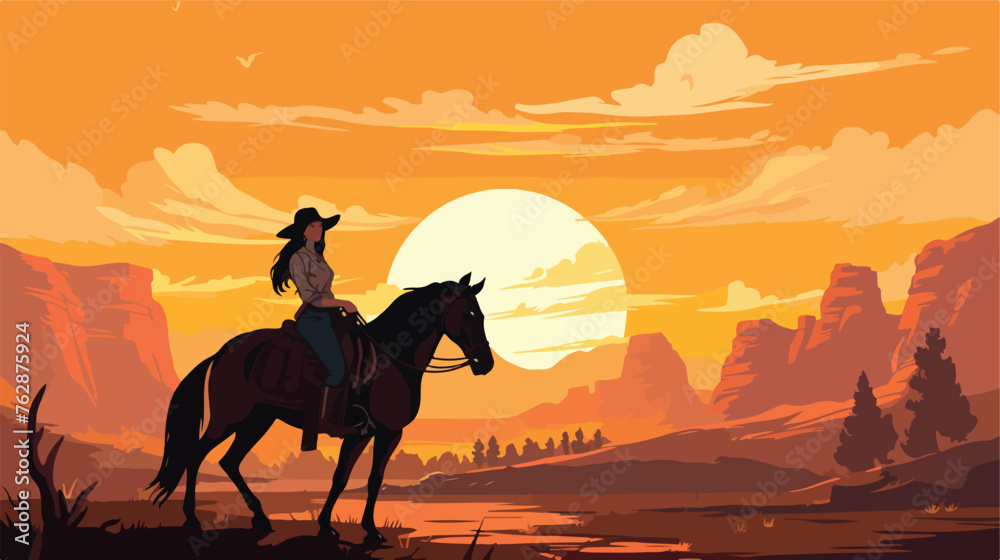 Western style cowgirl and horse in country landscap