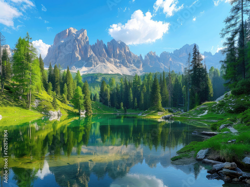A stunning view of the majestic Dolomites, reflecting in crystal clear waters at Lake candy green. The lush pine forests surrounding it add to its beauty and serenity © Kien