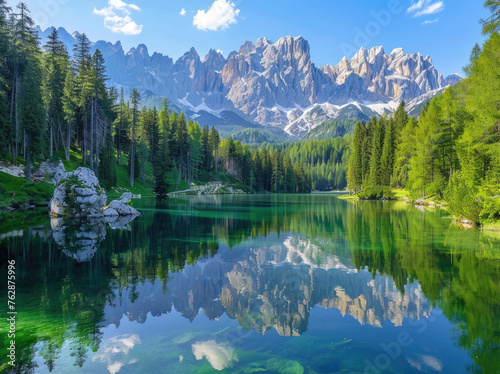A stunning view of the majestic Dolomites, reflecting in crystal clear waters at Lake candy green. The lush pine forests surrounding it add to its beauty and serenity