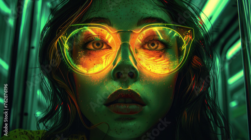 A girl in large glasses for vision in a green tone. Girl in subway, futuristic style. generative ai