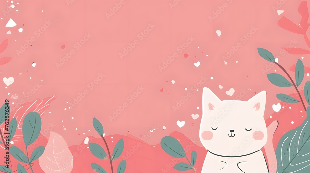 Cute Cat Illustration: Pink Background with Smiling White Cat, Green Leaves, and Floating Hearts