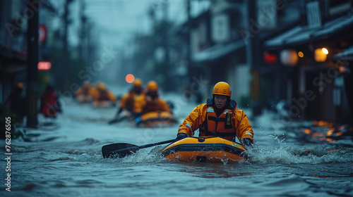 洪水・水害・水没・大雨・豪雨・台風・自然災害の被災地に救助に行くカヤックに乗った救助隊 © buritora