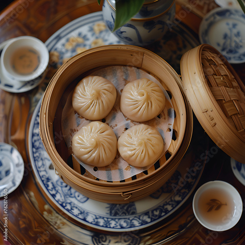 A variety of dumplings including Buuz, Baozi, Momo, Dim sim, and Khinkali are steaming in a bamboo steamer on a table, ready to be enjoyed as a delicious meal