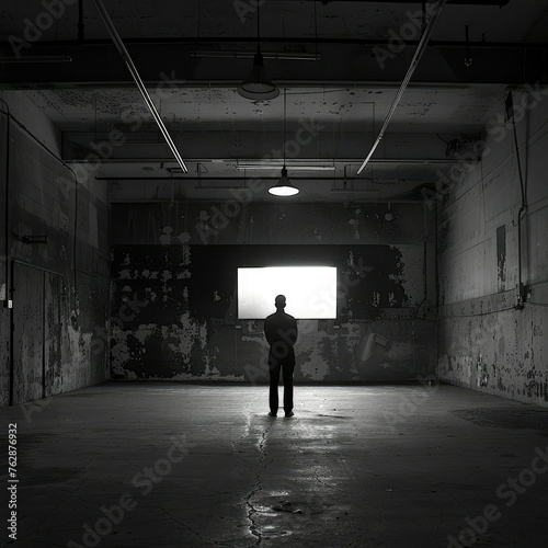 Silhouette of a man in an abandoned warehouse - A lone figure stands in a large abandoned warehouse illuminated by a singular light source  creating a somber mood