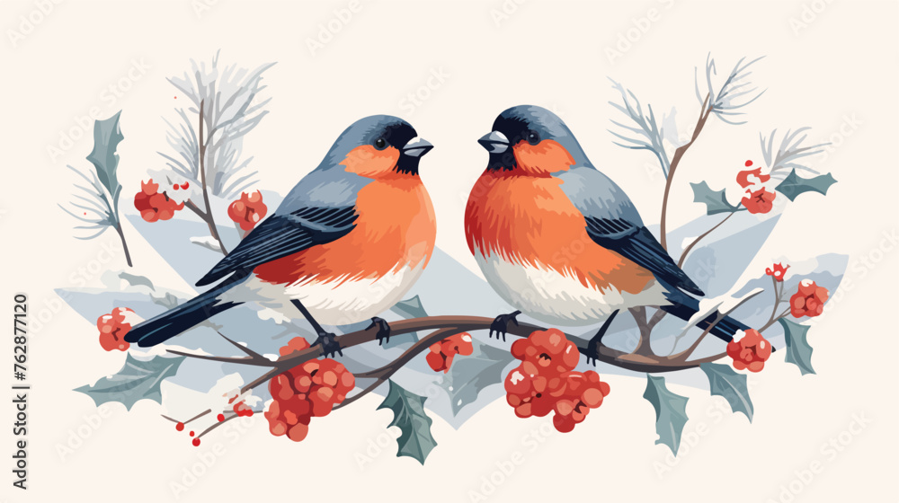 Winter illustration of birds bullfinches holding ri