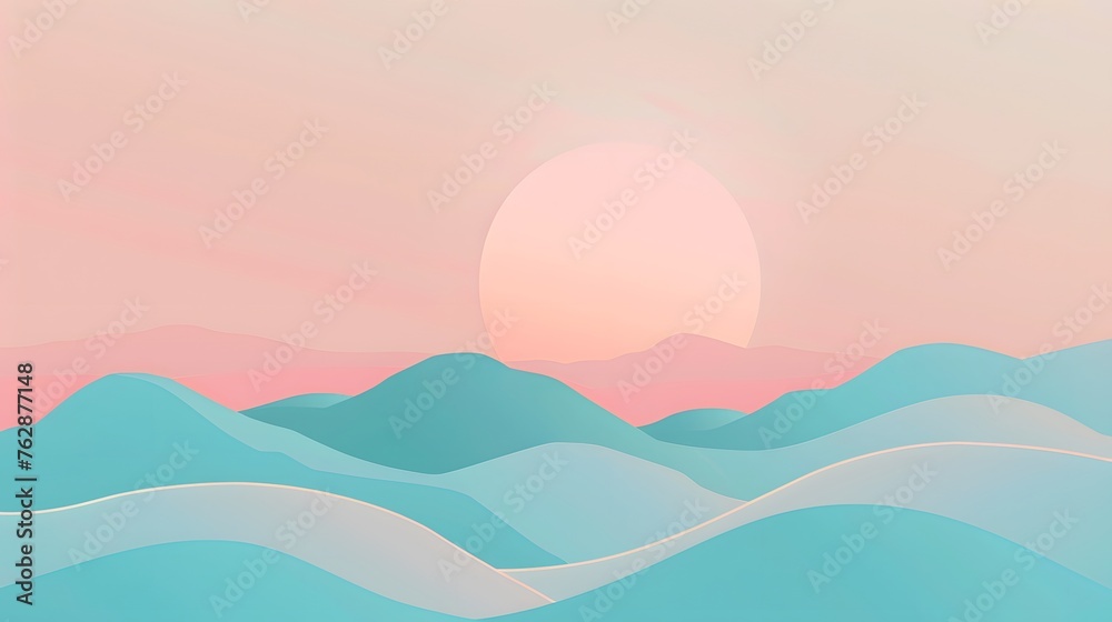 Pastel Blue Mountain Sunset: Tranquil Digital Art Landscape