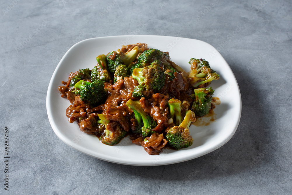 A view of a plate of broccoli beef. A view of a plate of broccoli beef.
