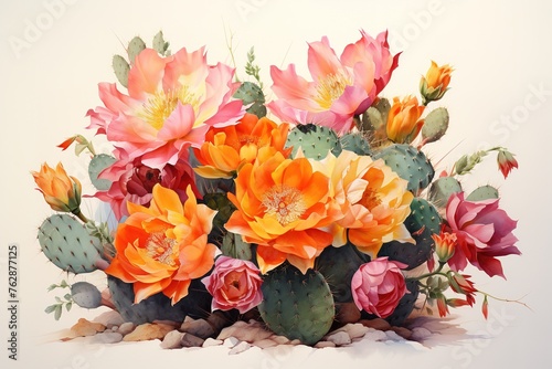 Cactus succulent flower oil painting wall art with generative AI