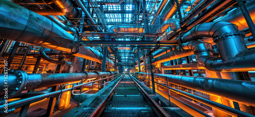A photo of an industrial plant interior with large pipes and machinery, representing the energy production industry