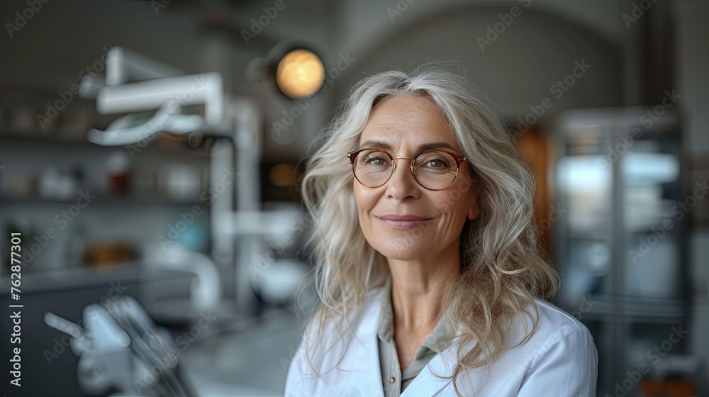 Fototapeta premium A beautiful dentist doctor is looking at the camera. Portrait of a smiling doctor. generative ai