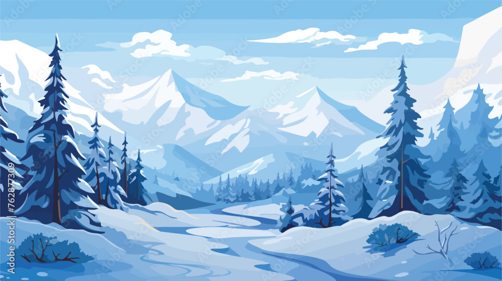 Winter landscape with snowy mountains and fir fores