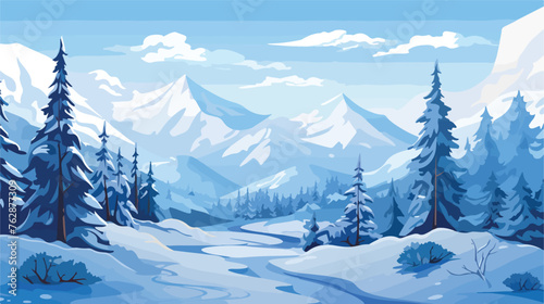 Winter landscape with snowy mountains and fir fores