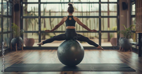 A woman is doing a yoga pose on top of a ball in her home gym, wearing leggings and a black shirt