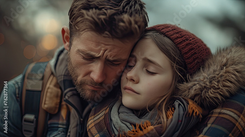 Father and daughter hug and cry, sad photo of farewell, understanding, support in sad moments. generative ai