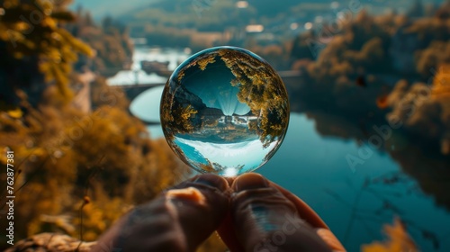 a glass globe with real world in the background