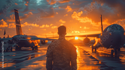 A man in military uniform who defends the country walks towards the sunset towards planes and military transport. War and the army, mobilization and conscription. generative ai photo