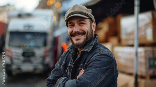 Smiling friendly male courier standing in front of a delivery van, arms crossed, urban logistics, freight, transport.
