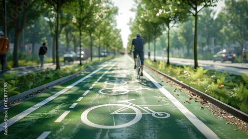 A bicycle lane filled with cyclists, representing eco-friendly transportation and physical health photo