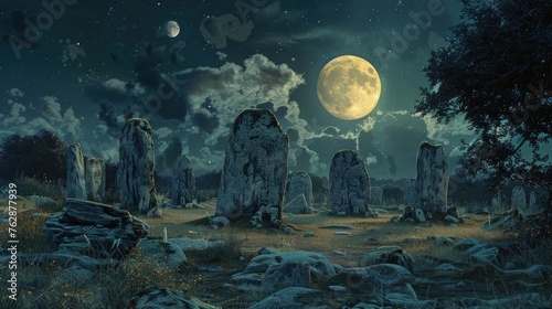 Ancient stone circle moonlit visit