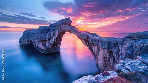 Rock arch coastal photography at sunset