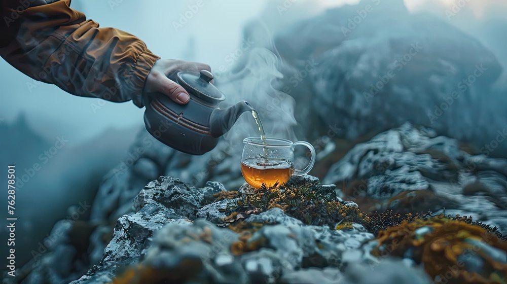 Mountain summit tea brewing ritual - obrazy, fototapety, plakaty 