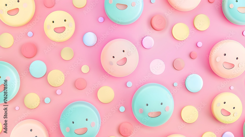 Colorful Smiling Faces on Buttons: Cheerful emoji buttons with various happy expressions on a pink background