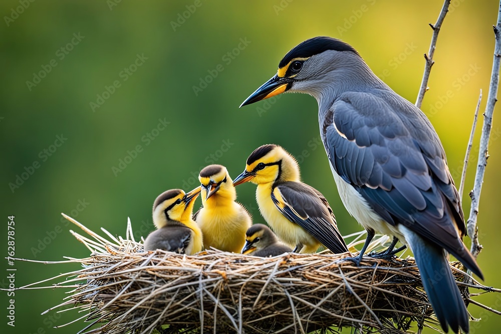 Obraz premium A heartwarming close-up image capturing a bird parent tenderly feeding its eager baby, with a softly blurred background enhancing the intimacy of the moment and emphasizing the bond