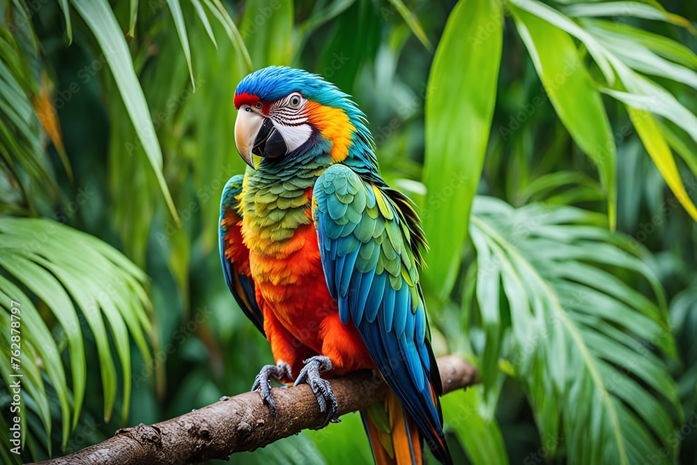 capture the vibrant essence of the rainforest with this stunning close-up of a brilliantly colored parrot perched on a branch, its intricate feathers sharply focused against lush tropical foliage. capture the vibrant essence of the rainforest with this stunning close-up of a brilliantly colored parrot perched on a branch, its intricate feathers sharply focused against lush tropical foliage.