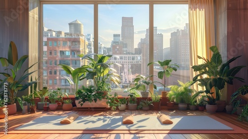 Rooftop morning yoga among plants