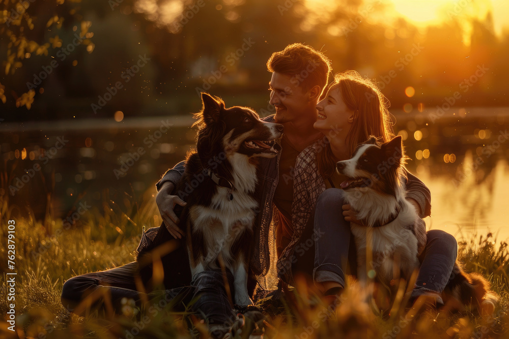 Candid photo of a happy young couple with border collie dogs enjoying nature together, sitting on the grass near a river at sunset, looking at each other and laughing. Love concept