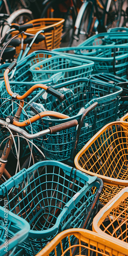 Bicicletas estacionadas em fila com cestas coloridas