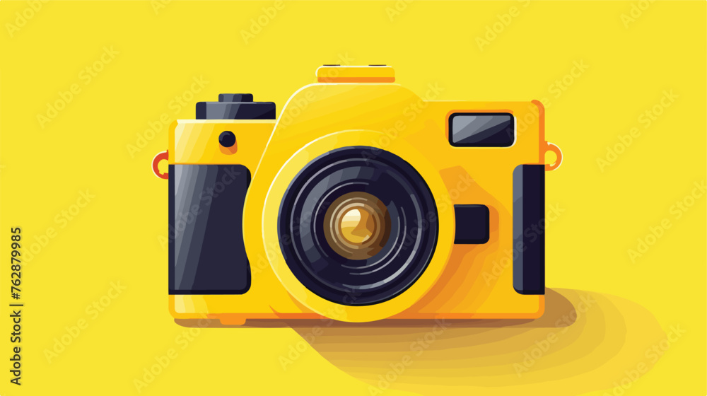 Yellow square icon photo camera with reflection ove