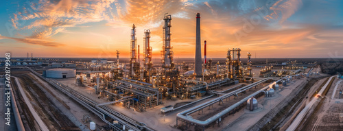 Aerial view of an oil refinery with intricate machinery and towers, set against the backdrop of a beautiful sunset sky