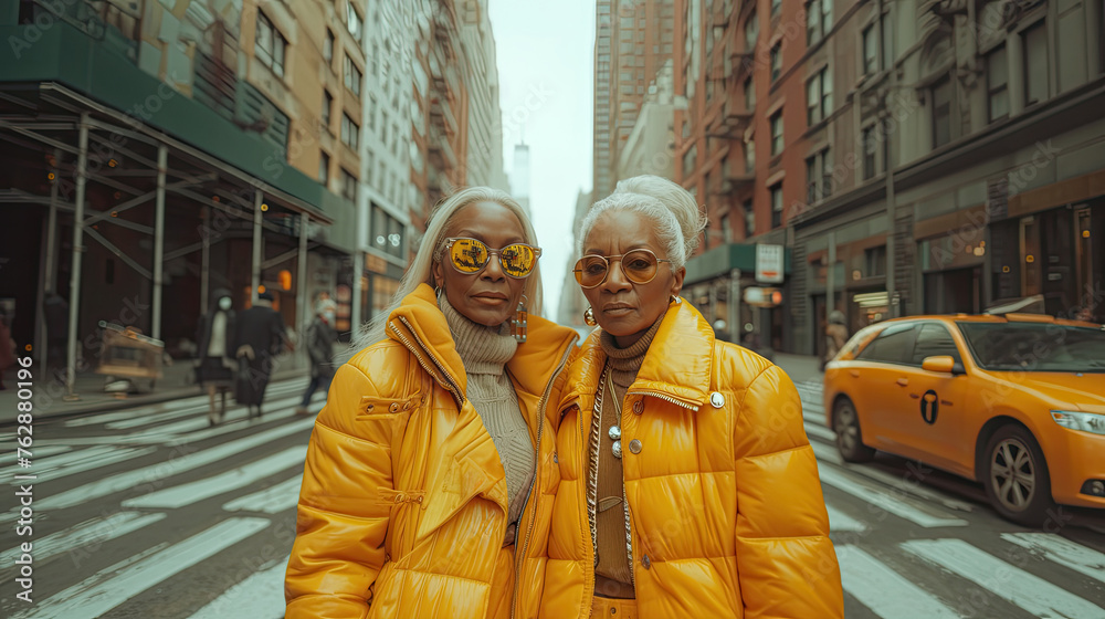 Two very beautiful adult women in fashionable clothes are walking through the streets of a big city. Fashion and style in bright clothes, glasses, bags and accessories. generative ai