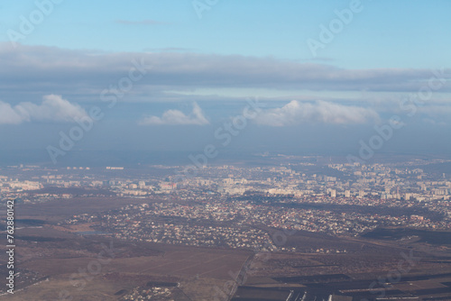 Aerial photography. Chisinau, Moldova, view from the airplane window. Winter panorama.