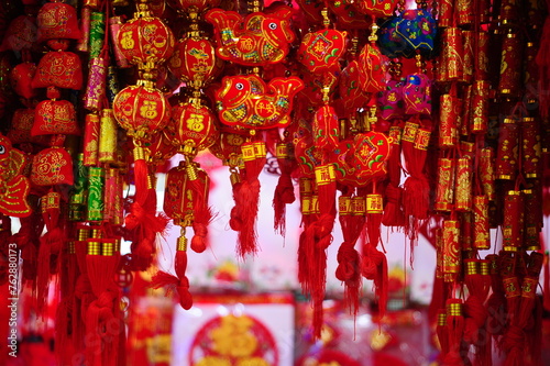 Chinese New Year red hanging decorations, festive atmosphere background