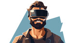 Young cute smiling bearded brunette man in VR glass