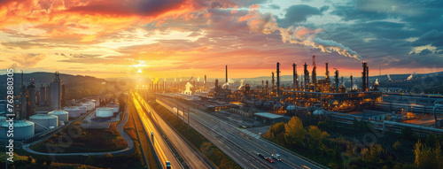 Aerial view of an oil refinery with intricate machinery and towers, set against the backdrop of a beautiful sunset sky