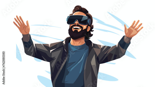Young cute smiling bearded brunette man in VR glass