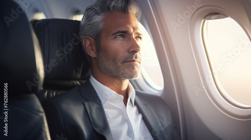 Businessman working while travelling on private jet - Portrait of business people taking a first class flight for work, concepts about business and mobility