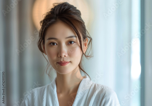 Asian woman in a white robe standing at home, a close up portrait with a beautiful face and chest looking into the camera, a blurred background of a modern living room
