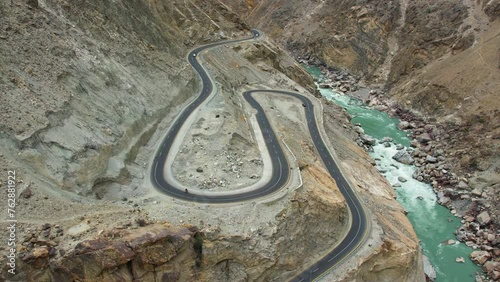 Aerial View Of Winding Jaglot Skardu Road - JSR That Connects Gilgit region to Baltistan region of Gilgit Baltistan. High Angle Static Shot photo
